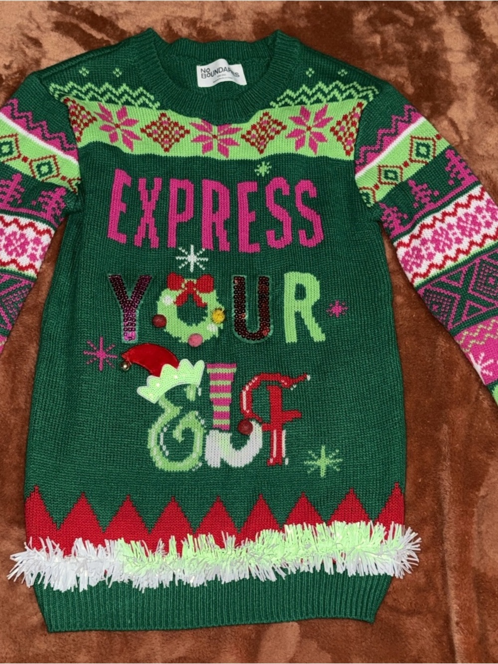 No Boundaries Green Holiday Sweater Dress with Pink and Red Accents